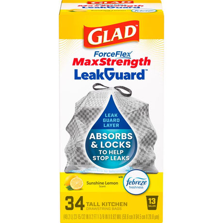 Glad LeakGuard 13 gal Lemon Kitchen Trash Bags Drawstring 34 pk, Pack of 6