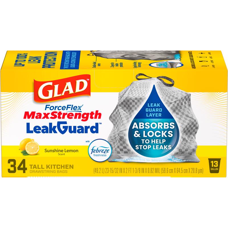 Glad LeakGuard 13 gal Lemon Kitchen Trash Bags Drawstring 34 pk, Pack of 6