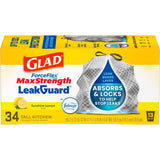 Glad LeakGuard 13 gal Lemon Kitchen Trash Bags Drawstring 34 pk, Pack of 6