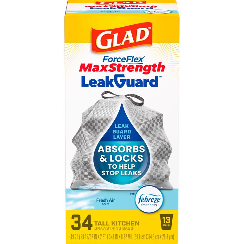 Glad LeakGuard 13 gal Fresh Kitchen Trash Bags Drawstring 34 pk, Pack of 6