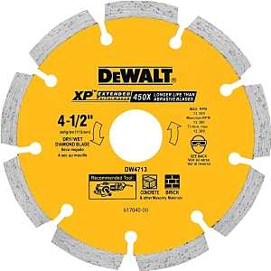 DEWALT DW4713T Circular Saw Blade, 4-1/2 in Dia, 5/8 in Arbor, Diamond Cutting Edge, Applicable Materials: Masonry