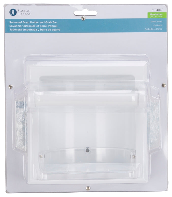 Boston Harbor L770H-51-07 Soap Holder and Grab Bar, Recessed Mounting, Plastic Roller/Zinc, White