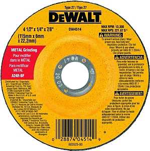 DEWALT DW4514 Grinding Wheel, Applicable Materials: Ferrous Metal, Stainless Steel, 4-1/2 in Dia, 1/4 in Thick, 24 Grit