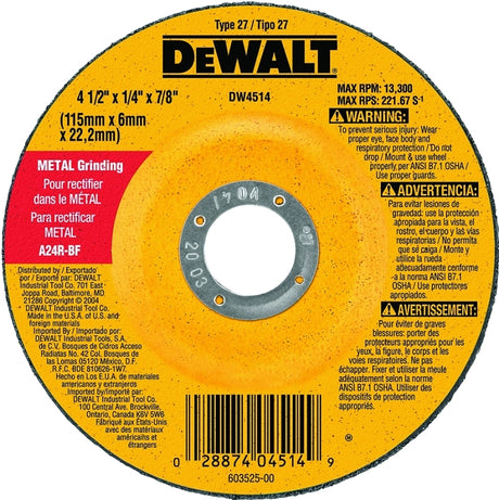 DEWALT DW4514 Grinding Wheel, Applicable Materials: Ferrous Metal, Stainless Steel, 4-1/2 in Dia, 1/4 in Thick, 24 Grit