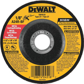 DEWALT DW4518 Grinding Wheel, Applicable Materials: Metal, 4-1/2 in Dia, 1/8 in Thick, 7/8 in Arbor, 24 Grit