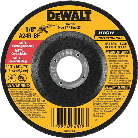 DEWALT DW4518 Grinding Wheel, Applicable Materials: Metal, 4-1/2 in Dia, 1/8 in Thick, 7/8 in Arbor, 24 Grit