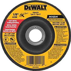 DEWALT DW4418 Grinding Wheel, Applicable Materials: Metal, 4 in Dia, 1/8 in Thick, 5/8 in Arbor, 24 Grit, Very Coarse