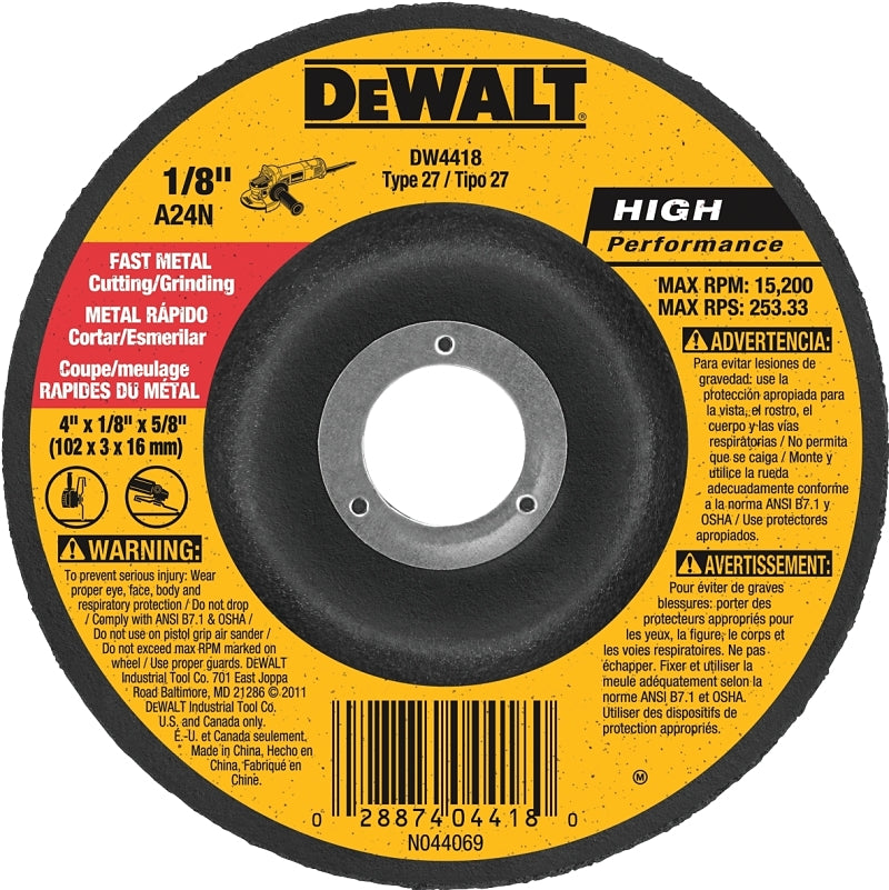 DEWALT DW4418 Grinding Wheel, 4 in Dia, 1/8 in Thick, 5/8 in Arbor, 24 Grit, Very Coarse, Aluminum Oxide Abrasive