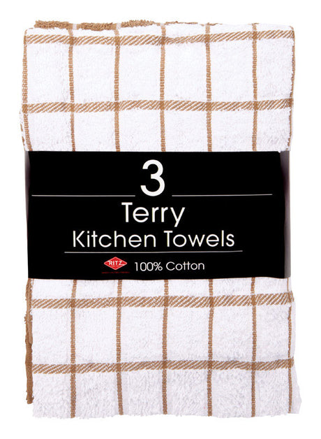 Ritz Mocha Cotton Check Kitchen Towel 3 pk, Pack of 3