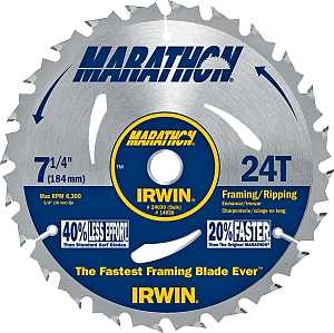 Irwin Marathon 24030 Circular Saw Blade, 7-1/4 in Dia, 5/8 in Arbor, 24-Teeth, Carbide Cutting Edge, Pack of 10