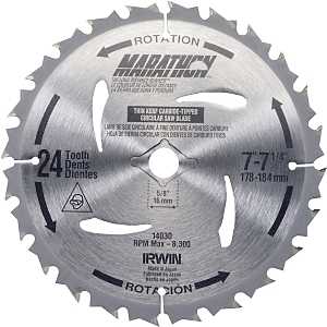 Irwin Marathon 14030 Circular Saw Blade, 7-1/4 in Dia, 5/8 in Arbor, Carbide Cutting Edge, 24-Teeth