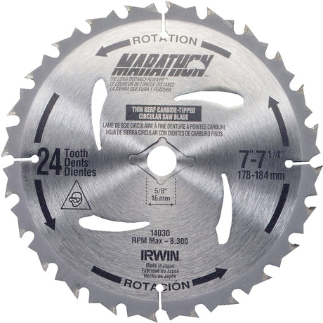 Irwin Marathon 14030 Circular Saw Blade, 7-1/4 in Dia, 5/8 in Arbor, Carbide Cutting Edge, 24-Teeth