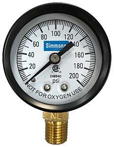Simmons 1306 Pressure Gauge, 1/4 in Connection, MPT, 2 in Dial, Steel Gauge Case, 0 to 200 lb, Lower Connection