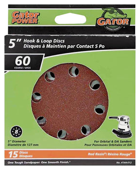 Gator 4144-012 Sanding Disc, 5 in Dia, 60 Grit, Coarse, Aluminum Oxide Abrasive, Vented, 15/PK