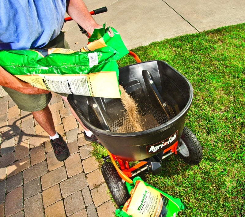 Agri-Fab 45-0462 Broadcast Spreader, 25,000 sq-ft Coverage Area, 12 ft W Spread, 130 lb, Poly Hopper, Pneumatic Wheel