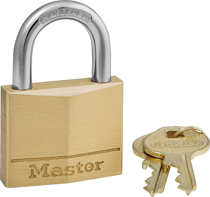 Master Lock 140D Padlock, 1-9/16 in W Body, Keyed Different Key, 1/4 in Dia Shackle, Steel Shackle, Brass Body, Gold