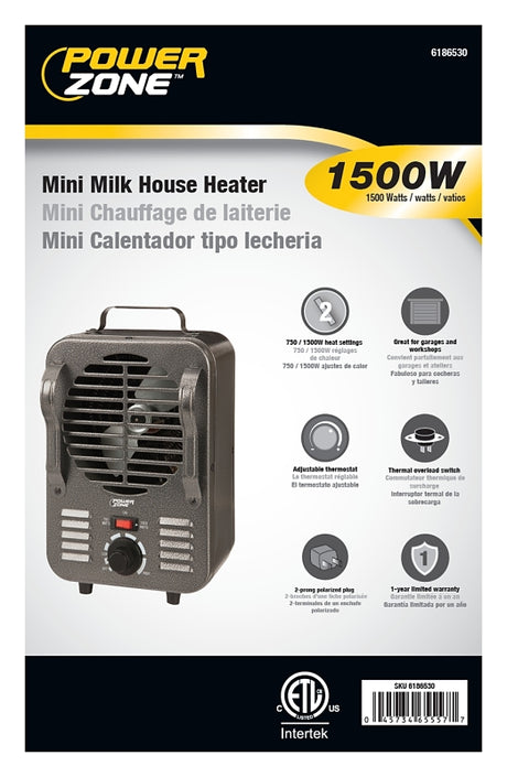 PowerZone LH872 Mini Milkhouse Heater, 12.5 A, 120 V, 750/1500 W, 1500 W Heating, 2-Heating Stage, Gray