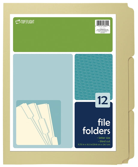 Top Flight 4611415 File Folder, 12 x 9-1/2 in Sheet, 12 Sheet, Plain Tab, Pack of 12