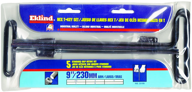 Eklind 35195 Hex T-Key Set with Pouch, 5-Piece, Alloy Steel, Black, Specifications: T-Handle