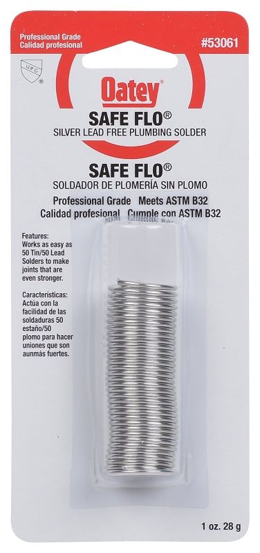 Oatey Safe-Flo 53061 Plumbing Wire Solder, 1 oz Carded, Solid, Gray/Silver, 415 to 455 deg F Melting Point