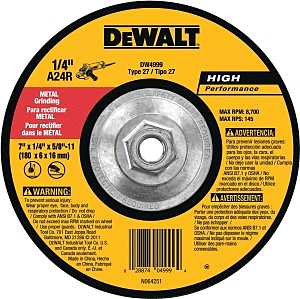 DEWALT DW4999 Grinding Wheel, Applicable Materials: Ferrous Metal, Stainless Steel, 7 in Dia, 1/4 in Thick, 24 Grit