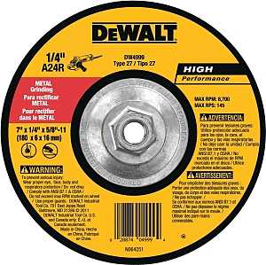 DEWALT DW4999 Grinding Wheel, 7 in Dia, 1/4 in Thick, 5/8-11 in Arbor, 24 Grit, Very Coarse, Aluminum Oxide Abrasive