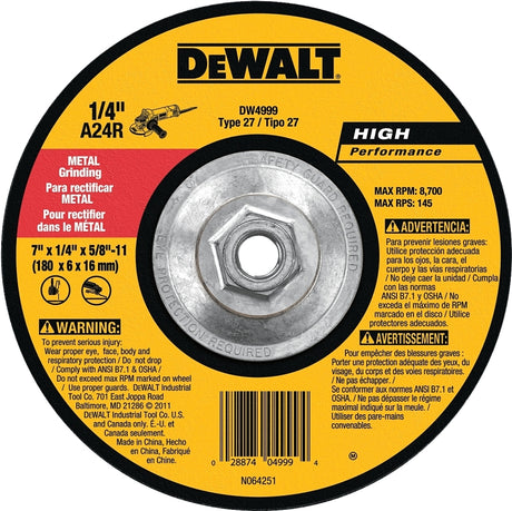 DEWALT DW4999 Grinding Wheel, Applicable Materials: Ferrous Metal, Stainless Steel, 7 in Dia, 1/4 in Thick, 24 Grit