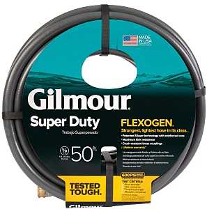 Gilmour Flexogen 874501-1021 Heavy-Duty Garden Hose, 5/8 in, 50 ft L, Brass/PVC, Black