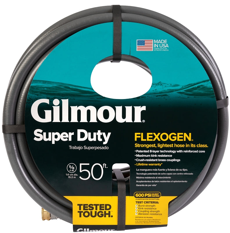 Gilmour Flexogen 874501-1021 Heavy-Duty Garden Hose, 5/8 in, 50 ft L, Brass/PVC, Black