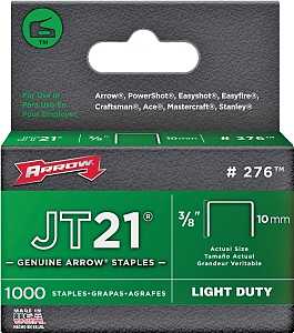 Arrow JT21 Series 276 Staple, 7/16 in W Crown, 3/8 in L Leg, Pack of 5