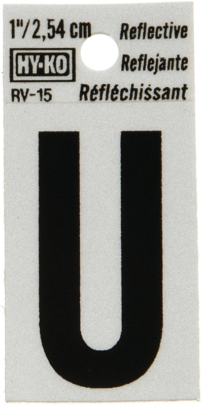 Hy-Ko RV-15 Series RV-15/U Self-Adhesive Reflective Letter, Character: U, 1 in H Character, Black Character, Vinyl, Pack of 10