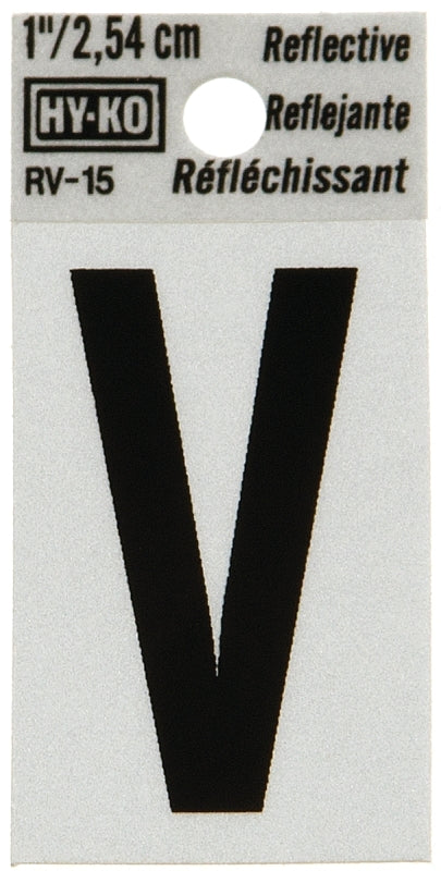 Hy-Ko RV-15/V Reflective Letter, Character: V, 1 in H Character, Black Character, Silver Background, Vinyl, Pack of 10