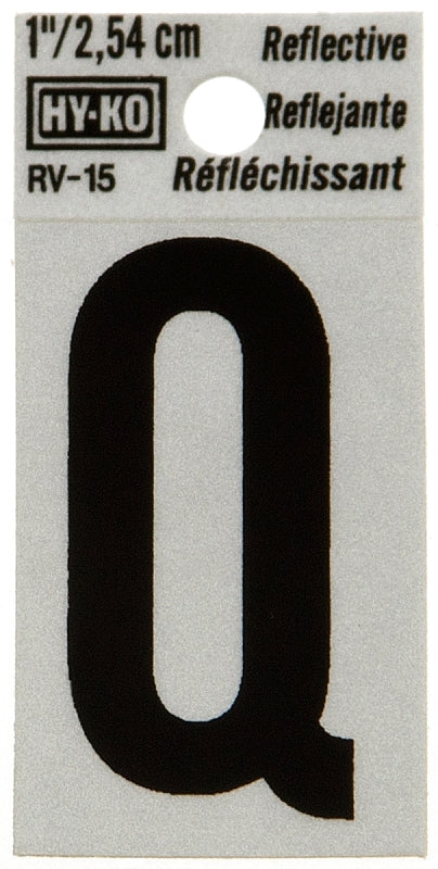 Hy-Ko RV-15/Q Reflective Letter, Character: Q, 1 in H Character, Black Character, Silver Background, Vinyl, Pack of 10