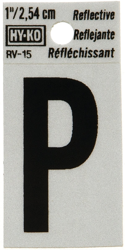 Hy-Ko RV-15/P Reflective Letter, Character: P, 1 in H Character, Black Character, Silver Background, Vinyl, Pack of 10