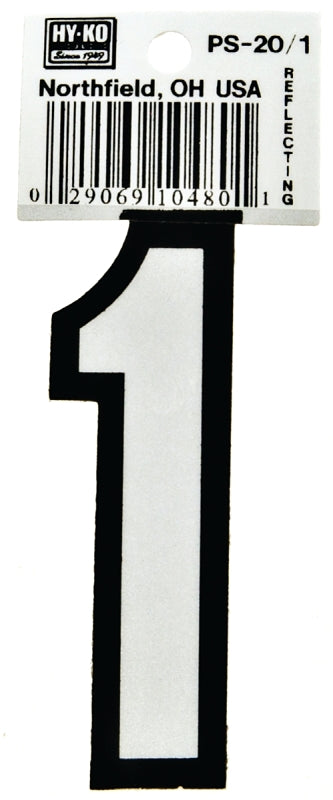 Hy-Ko PS-20 Series PS-20/1 Self-Adhesive Reflective Number, Character: 1, 3-1/4 in H Character, Black/White Character, Pack of 10