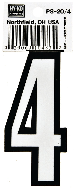 Hy-Ko PS-20 Series PS-20/4 Self-Adhesive Reflective Number, Character: 4, 3-1/4 in H Character, Black/White Character, Pack of 10