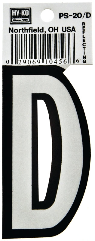 Hy-Ko PS-20/D Reflective Letter, Character: D, 3-1/4 in H Character, Black/White Character, Vinyl, Pack of 10
