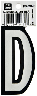 Hy-Ko PS-20/D Reflective Letter, Character: D, 3-1/4 in H Character, Black/White Character, Vinyl, Pack of 10