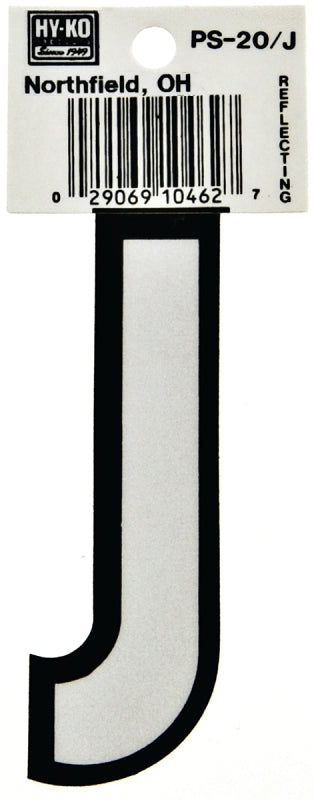 Hy-Ko PS-20/J Reflective Letter, Character: J, 3-1/4 in H Character, Black/White Character, Vinyl, Pack of 10