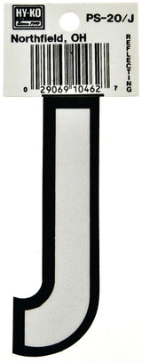 Hy-Ko PS-20/J Reflective Letter, Character: J, 3-1/4 in H Character, Black/White Character, Vinyl, Pack of 10