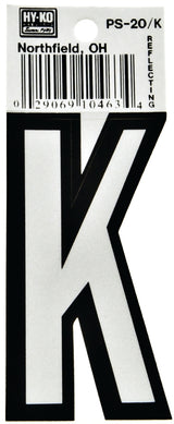 Hy-Ko PS-20/K Reflective Letter, Character: K, 3-1/4 in H Character, Black/White Character, Vinyl, Pack of 10