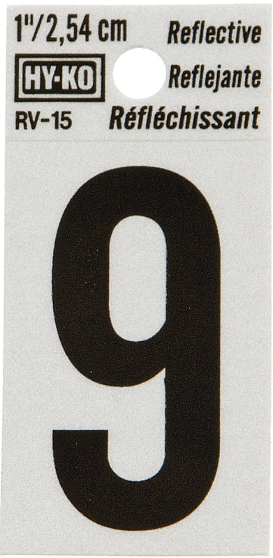 Hy-Ko RV-15 Series RV-15/9 Self-Adhesive Reflective Number, Character: 9, 1 in H Character, Black Character, Vinyl, Pack of 10
