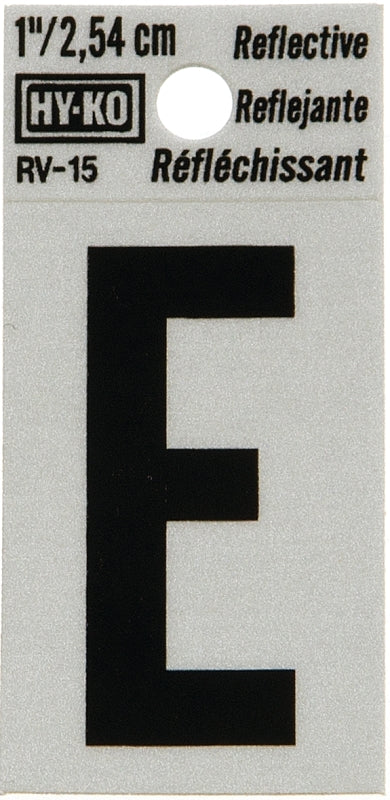 Hy-Ko RV-15/E Reflective Letter, Character: E, 1 in H Character, Black Character, Silver Background, Vinyl, Pack of 10