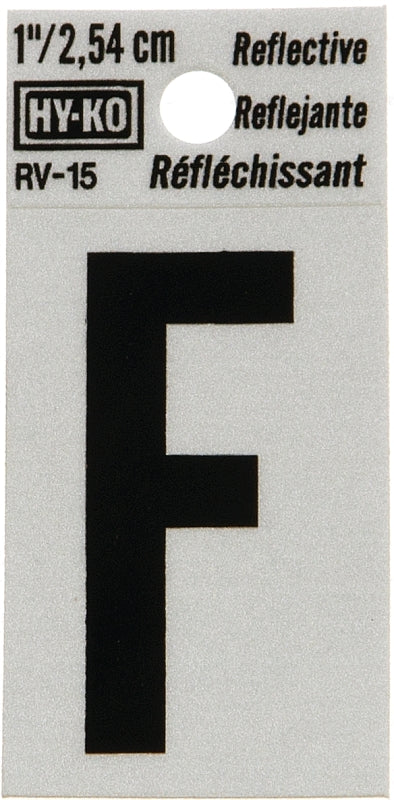 Hy-Ko RV-15/F Reflective Letter, Character: F, 1 in H Character, Black Character, Silver Background, Vinyl, Pack of 10