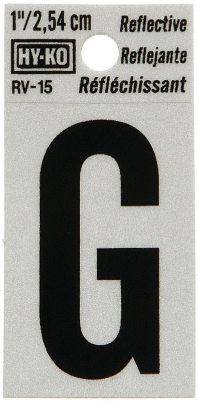 Hy-Ko RV-15/G Reflective Letter, Character: G, 1 in H Character, Black Character, Silver Background, Vinyl, Pack of 10