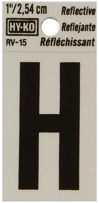 Hy-Ko RV-15/H Reflective Letter, Character: H, 1 in H Character, Black Character, Silver Background, Vinyl, Pack of 10