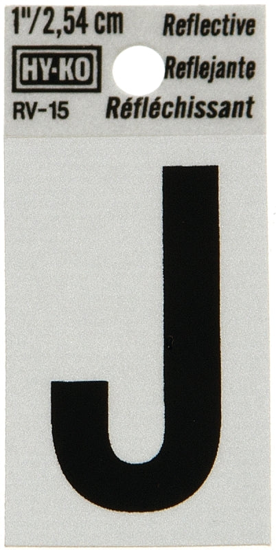 Hy-Ko RV-15/J Reflective Letter, Character: J, 1 in H Character, Black Character, Silver Background, Vinyl, Pack of 10