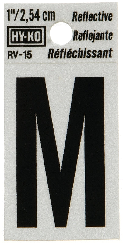 Hy-Ko RV-15 Series RV-15/M Self-Adhesive Reflective Letter, Character: M, 1 in H Character, Black Character, Vinyl, Pack of 10
