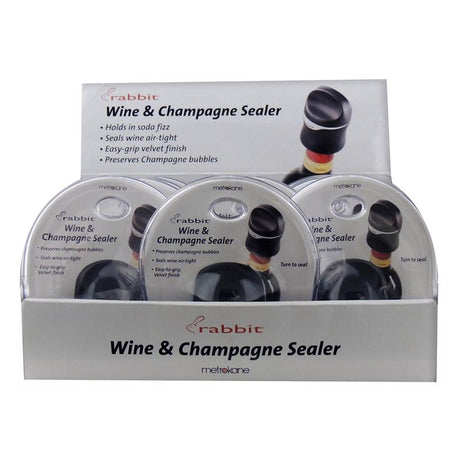 Rabbit Black Rubber/Stainless Steel Wine and Champagne Sealer, Pack of 12