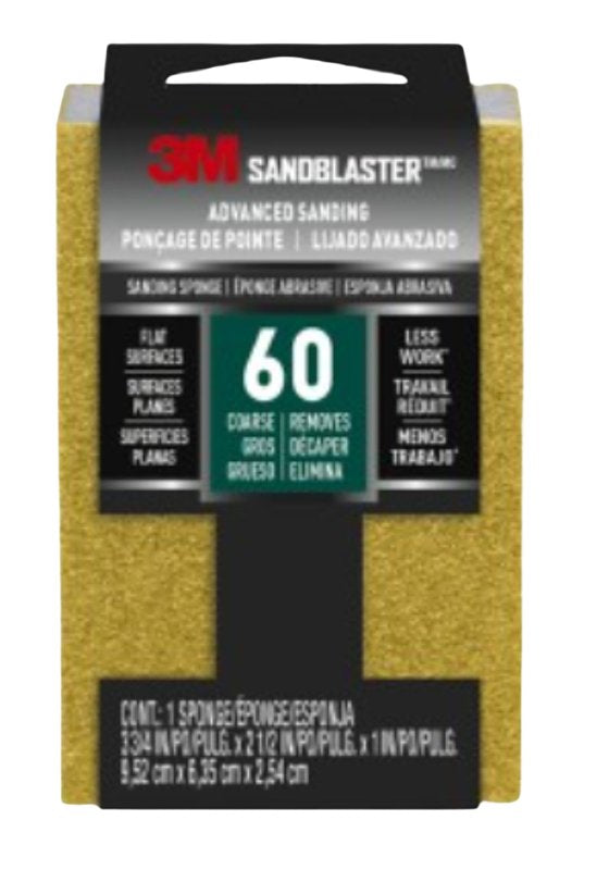3M SandBlaster 20909-60 Sanding Sponge, 3-3/4 in L, 2-5/8 in W, 60 Grit, Coarse, Silicone Carbide Abrasive